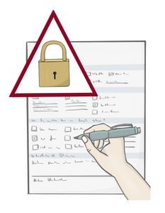 Eine Hand kreuzt ein Kästchen von einem Dokument an. Über dem Dokument ist ein Achtung Zeichen mit einem Schloss. Es bedeutet: Daten-Schutz
