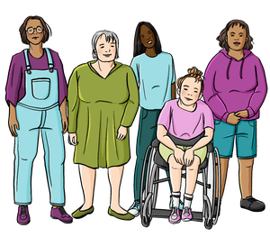 Eine Gruppe Frauen. Eine Frau davon sitzt im Rollstuhl.