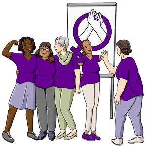 5 Mitglieds-Frauen von Starke.Frauen.Machen. e.V. stehen vor einer Tafel. Auf der Tafel ist das Logo vom Verein.