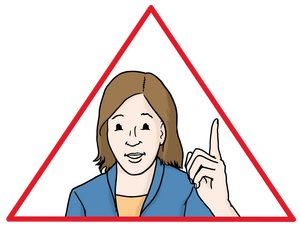 Eine Person auf einem weißen Dreieck mit rotem Rand. Sie zeigt mit dem Zeige-Finger nach oben. Es bedeutet: Achtung!