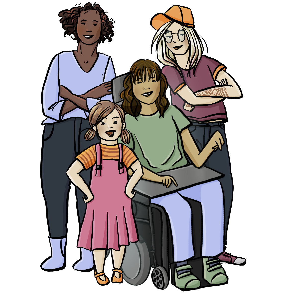 4 Personen stehen zusammen. Sie schauen selbst-sicher. Sie kennen sich aus.